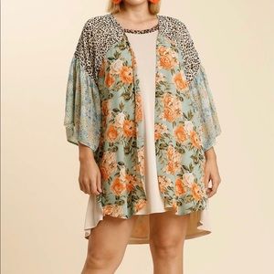 PLUS- 2XL Print Mixed Kimono with Ruffle Sleeves